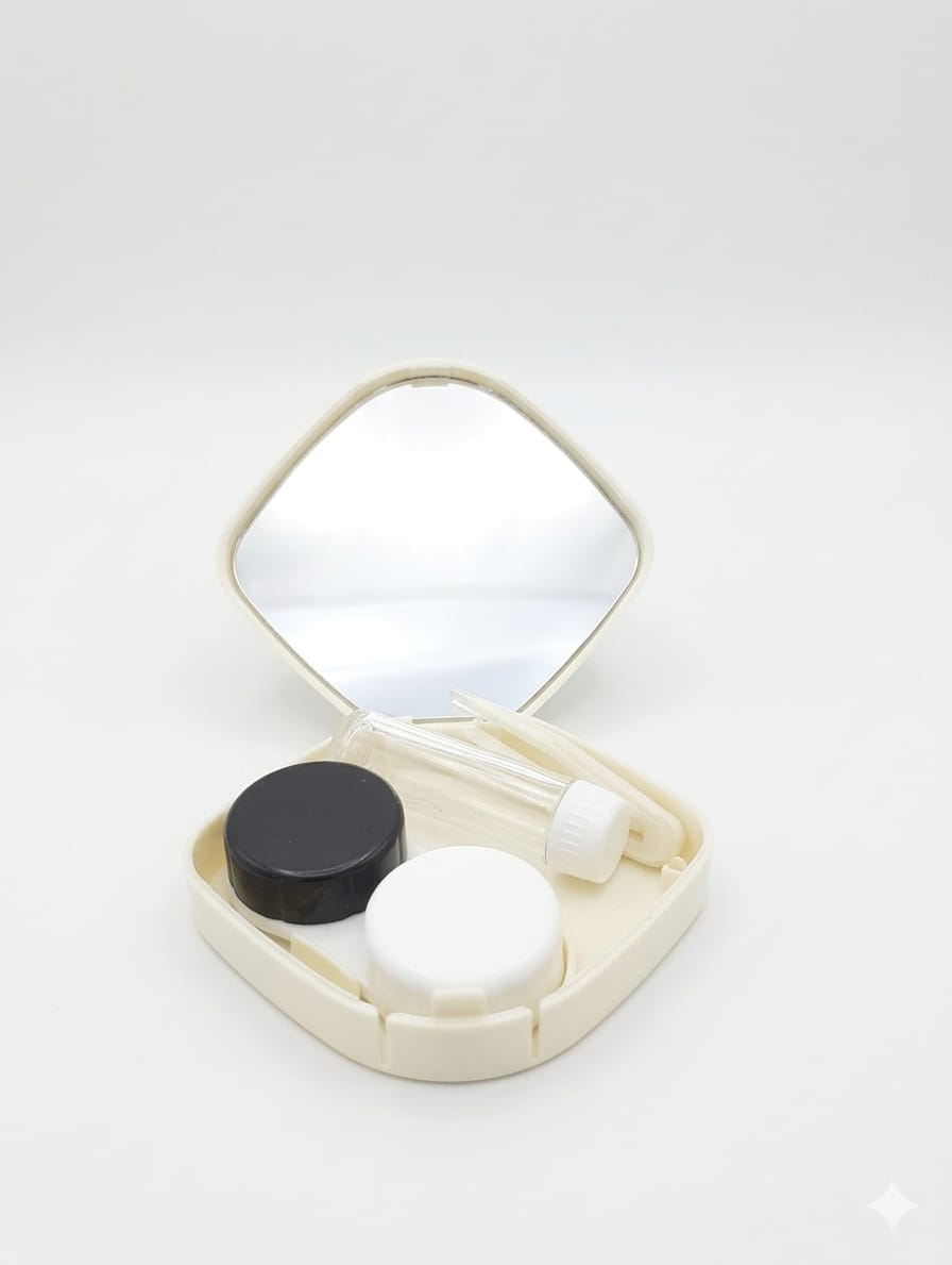 Lensonline Portable Contact Lens Case With Mirror Tweezer Applicator & Solution Bottle – White And Black With Mirror – LS108